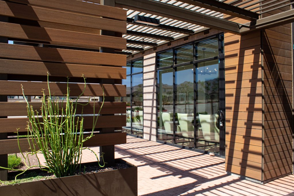 Exterior view of the office with sun rays